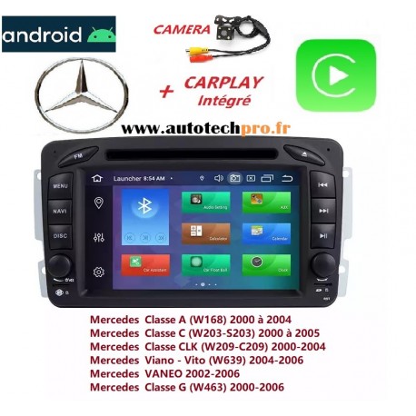 AUTORADIO CARPLAY Android 10 Gps Bluetooth WIFI DVD USB SD  pour Mercedes Classe C- CLK- Vito- Viano- Vaneo- G + Caméra de recul